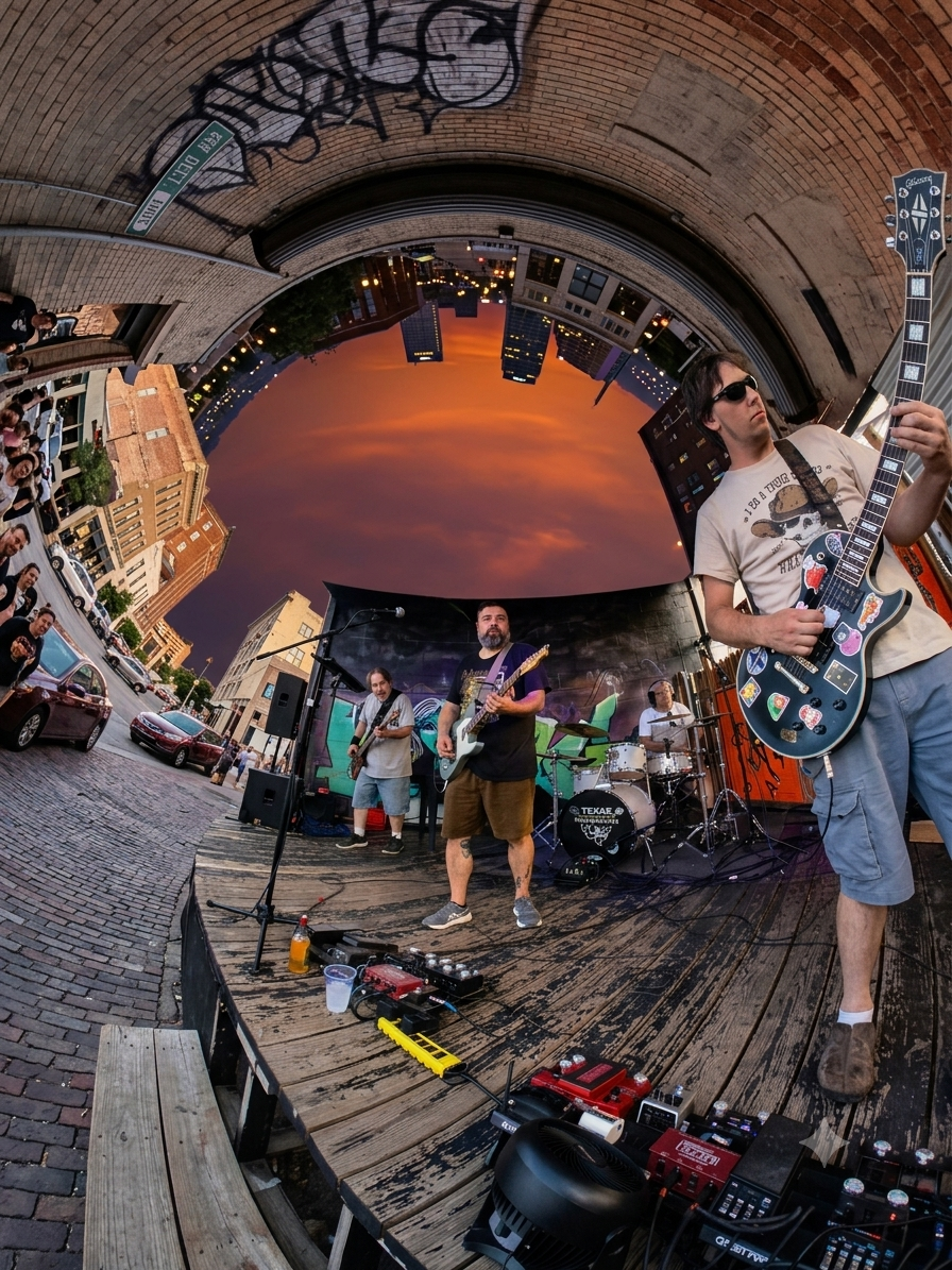 Texas Transplants playing an outdoor stage, with guitars, drums, and the surrounding street captured through a fisheye lens
